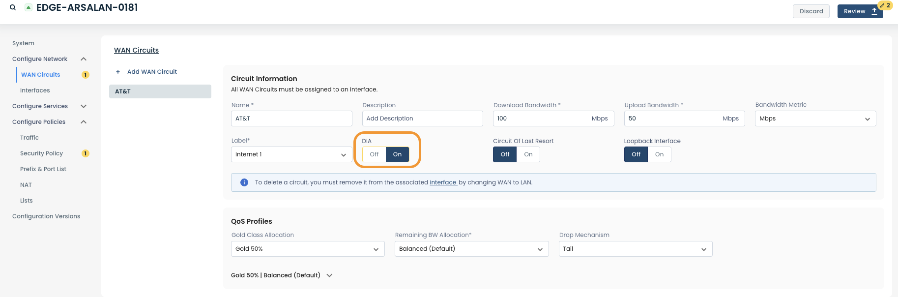 WAN Circuits configuration showing AT&T settings and DIA toggle options.